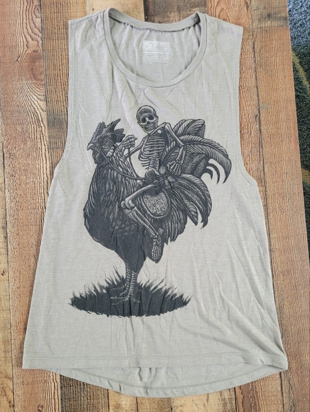 Curbside Clothing Muscle Tank, Skeleton On Rooster, Women's Medium